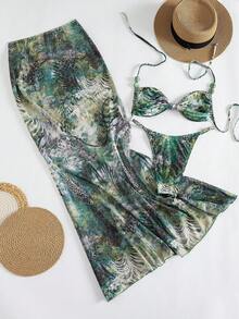 Bonvoyette 3pcs Set: Green Tiger & Leopard Print Mesh Maxi Dress, Spring/Summer New Arrival - Multicolor - View 2