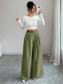 SHEIN Elenzya 秋冬亞麻感高腰寬腿褲，休閒素色，優雅風格適合日常穿著與工作，畢業季、復古音樂節、德比賽、日 - 橄欖綠 - 查看 5