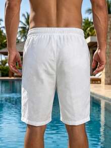 VIVINTIMO Calções masculinos de cor lisa com bolsos e cinto, adequados para férias de verão e praia, feriados - Branco - Ver 2