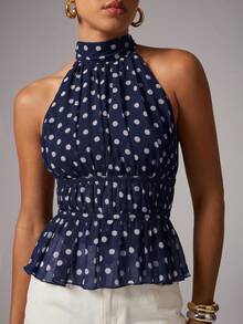 Blusa con cuello halter, espalda descubierta y lazo, con estampado de lunares en gasa - Multicolor 3 - Ver 3