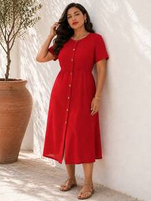ELLERISSA Vestido midi de punto waffle con botones y mangas cortas, talla grande, color rojo - Rojo - Ver 4