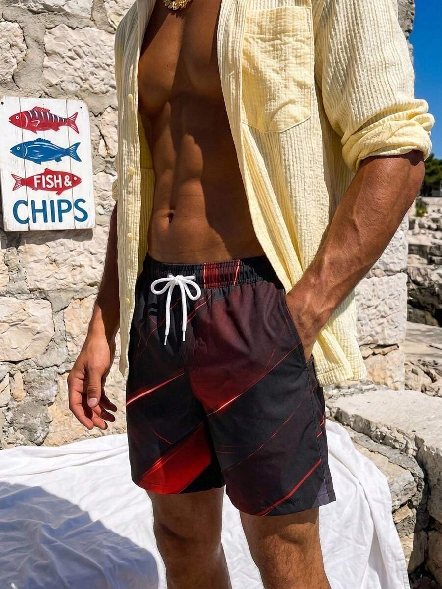 Solantero Pantalones cortos casuales de moda para la playa con cintura con cordón y bolsillos de color contrastante para hombres - Negro - Ver 1