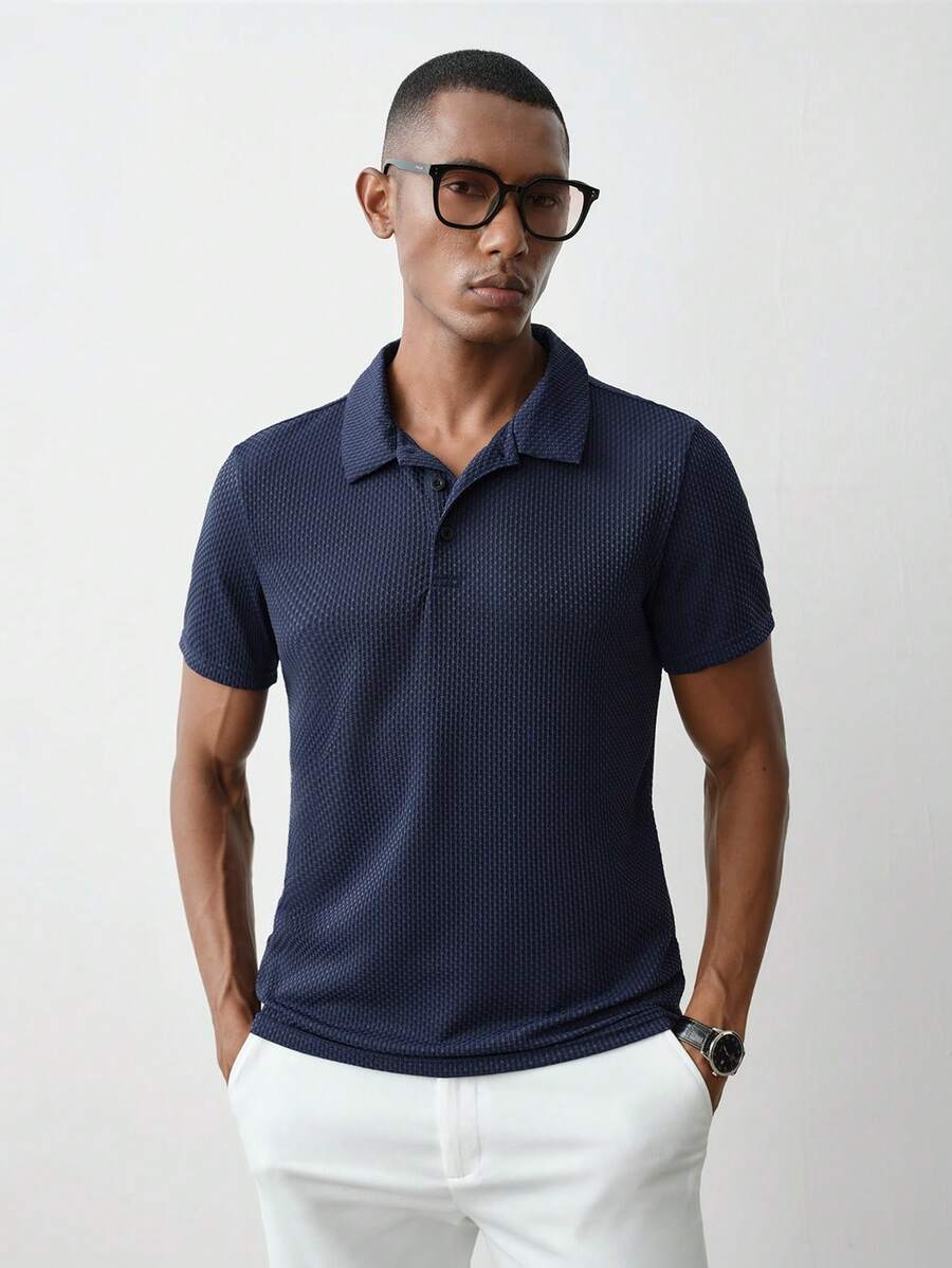 MENRIVO 男士休闲纯色纹理 Polo 衫夏季,适合打高尔夫 - 藏蓝色 - 查看 1