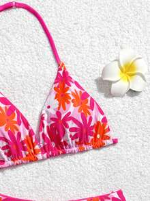 SHEIN Tween Girl Fuchsia Floral & Leaf Print Reversible Halter Bikini Set, Vacation Style Suitable For Beach, Summer, Holiday, Swimming Pool Party - Hot Pink - View 7