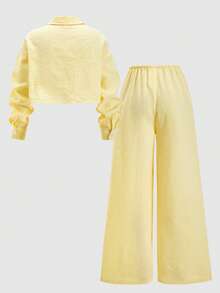 SHEIN Tween Girls Cropped Long Sleeve Striped Shirt Set - Yellow - View 9