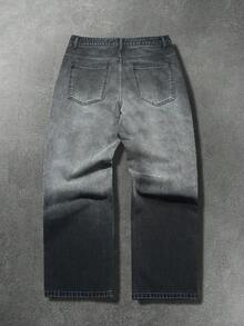 Manfinity EMRG 男士休闲哥特字母渐变水洗阔腿牛仔裤 - 黑色 - 查看 6