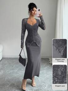 Modelyn Square Neck Lace Patchwork Button Waist Fitted Midi Dress For Women - Grey - View 7