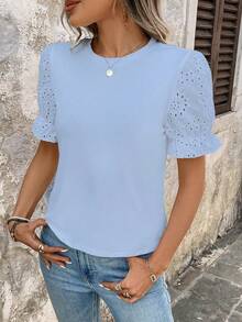 Breezaya Women's Solid Color Round Neck Casual Versatile Fashionable Hollow Embroidery Short Sleeve T-Shirt - Blue - View 4