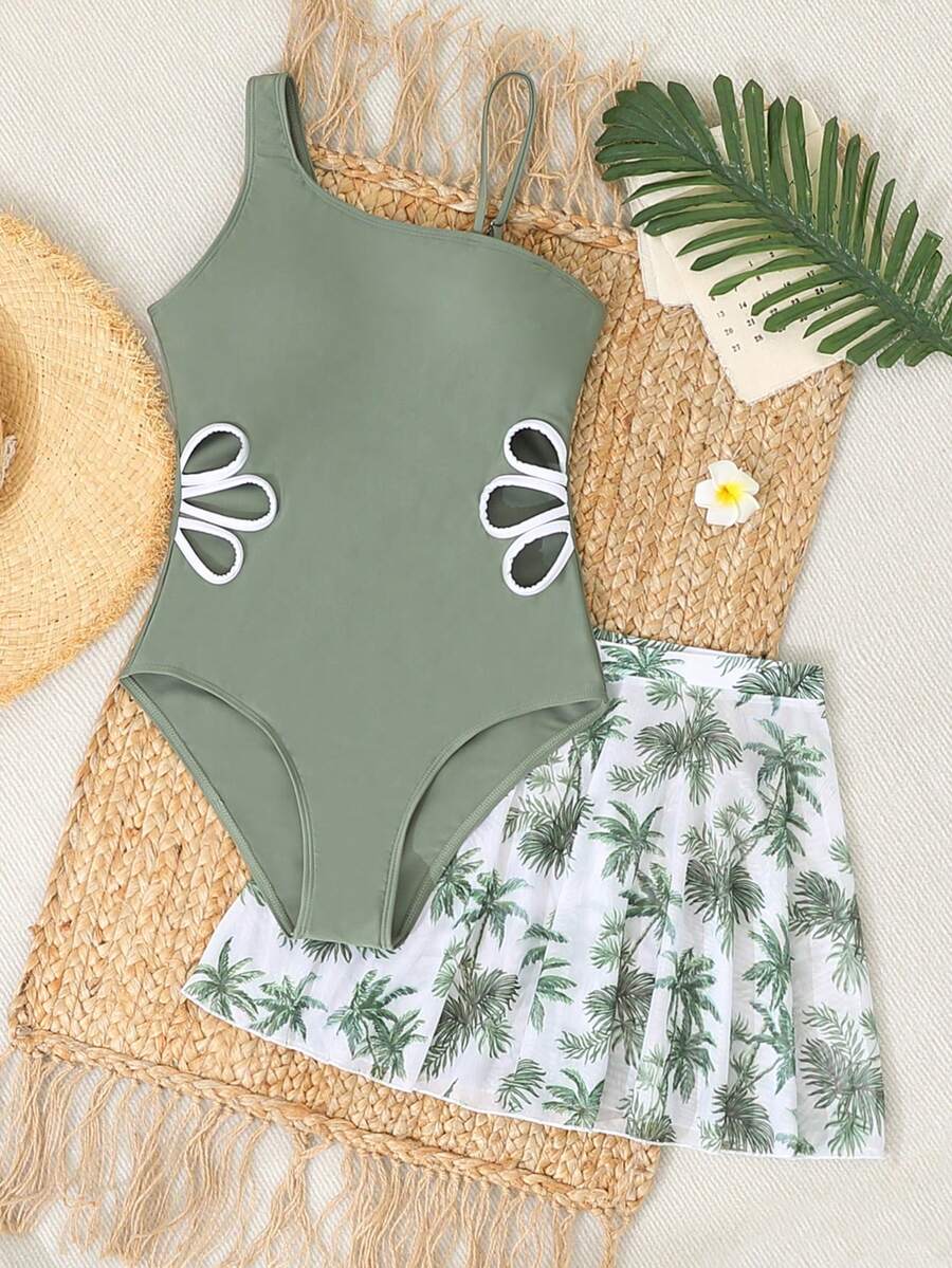 Tween Girls 1-Piece Swimsuit With White Floral Cutout,Green Palm Tree Print Mesh Cover-Up Skirt,2-Piece Set For Swimming,Summer,Beach,Holiday Vacation - Army Green - View 1
