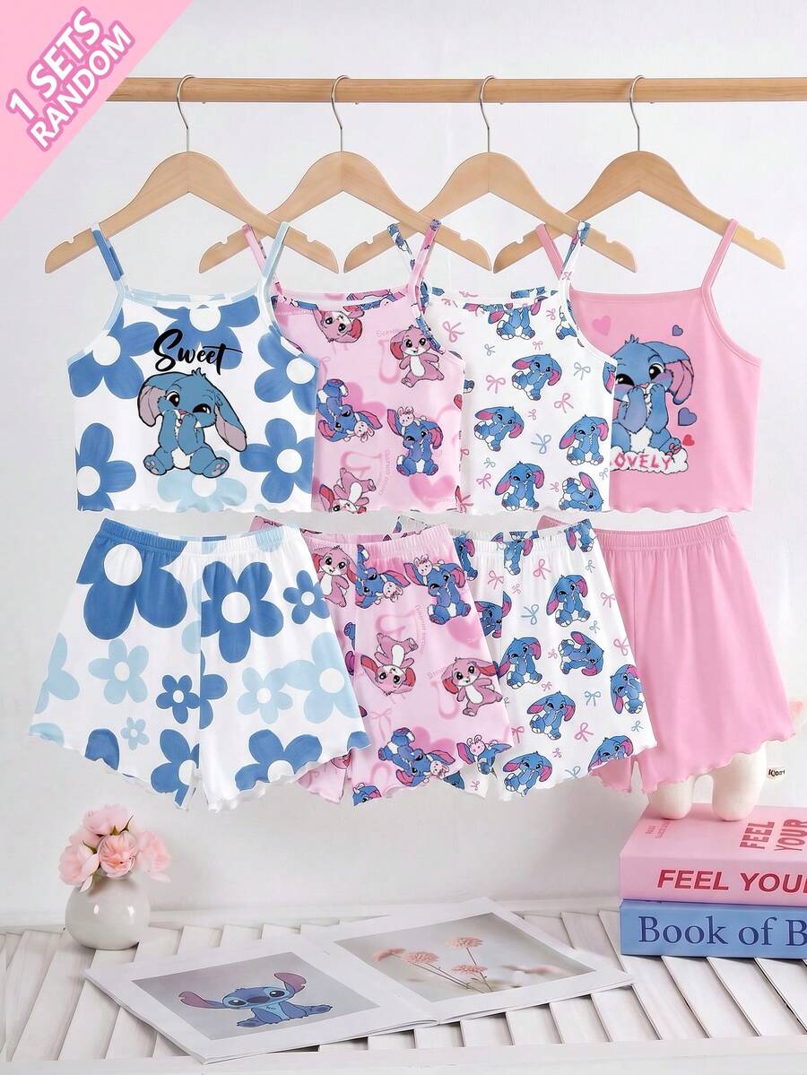 【随机1套】女童卡通可爱兔子、花朵、爱心印花吊带睡衣套装,柔软针织面料,荷叶边下摆设计,舒适夏季睡衣,2件套 - 彩色 - 查看 1