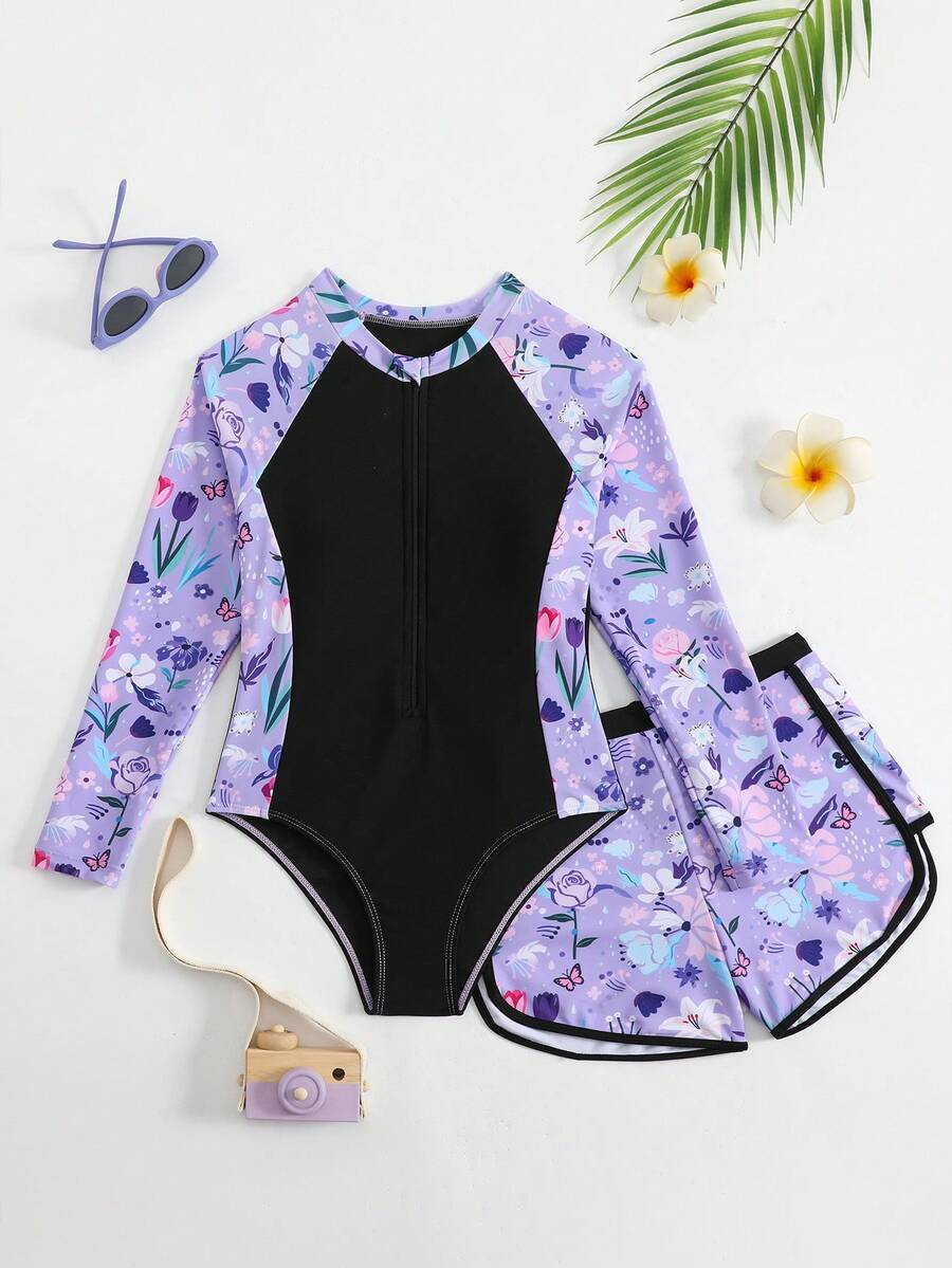 SHEIN 青少年女孩花卉印花坦基尼泳裝套裝，紫色花卉圖案無袖短版上衣 & 色拉鍊長袖防曬泳衣，2件式含短褲泳裝套裝，時尚休閒優雅泳裝，適用於游泳、海灘、夏季度假