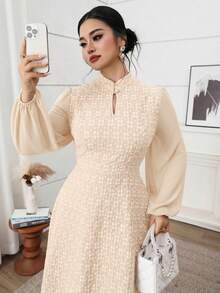 Modelyn Plus Size Elegant Jacquard Keyhole Neck Lantern Sleeve Dress - Apricot - View 4