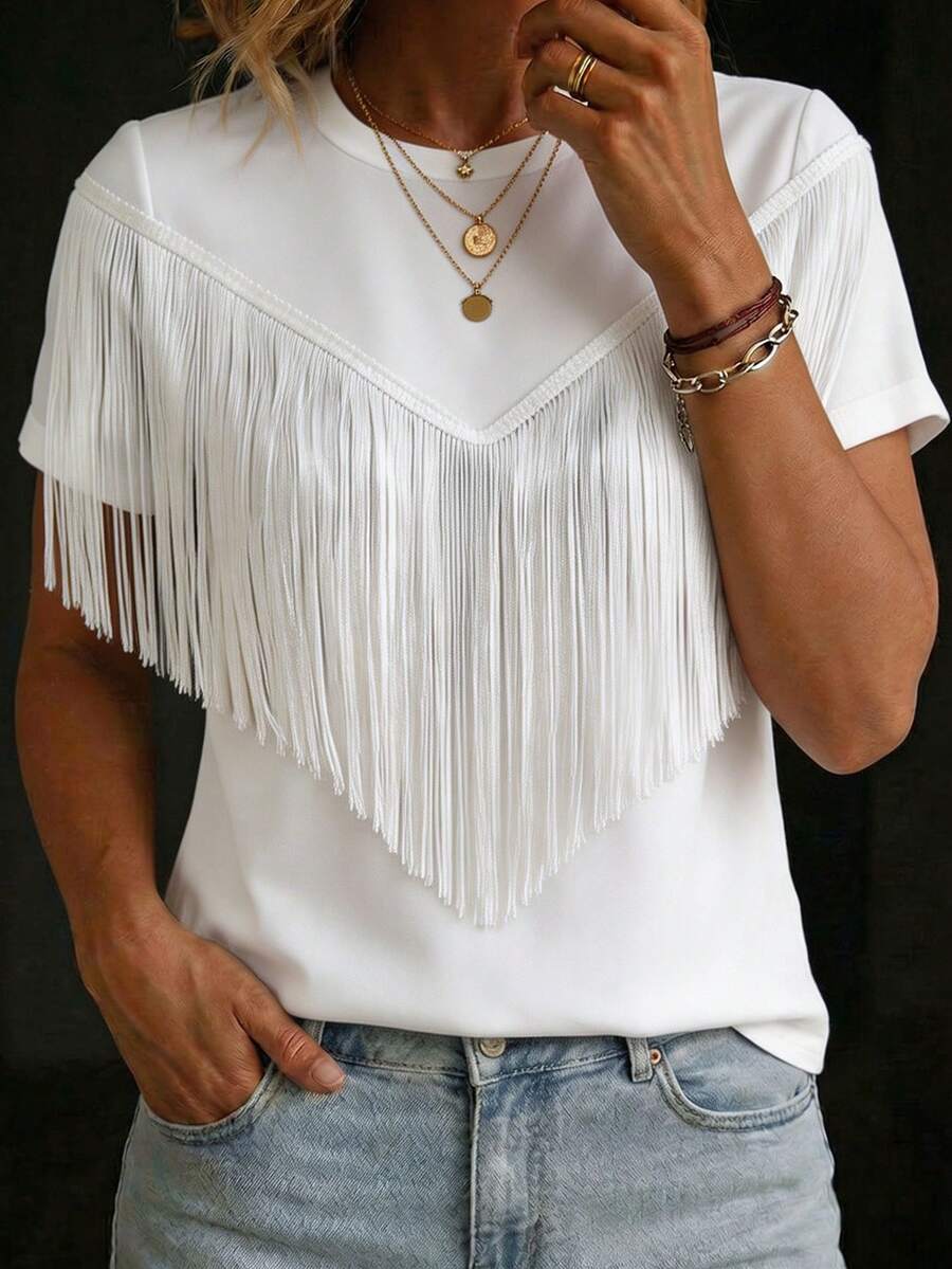 SHEIN Summer Fashion Solid Color Tassel Decorated T-Shirt - White - View 1