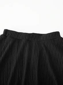 SHEIN 少女黑色纹理半身裙，夏季高腰A字迷你裙，带防走光内衬，休闲百搭少女下装 - 黑色 - 查看 4