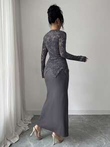 Modelyn Square Neck Lace Patchwork Button Waist Fitted Midi Dress For Women - Grey - View 2