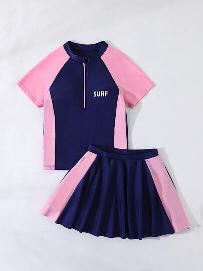 Bộ đồ bơi 2 món cho bé gái, thiết kế chắp vá màu hồng và xanh nhạt, váy và quần short, vải nhẹ và mềm, họa tiết chuyển màu chất lượng cao, đồ bơi gia đình đồng bộ, phong cách cổ điển thiên niên kỷ, thể thao và thời trang