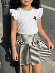 Elladie kids 两件套女童清新甜美套装，白色圆领上衣，飘逸袖子，马匹印花；黑白条纹半身裙，饰有蝴蝶结；适合日常穿着、上学、外出、旅行、休闲聚会等场合；2026春夏款 - 白色 - 查看 5
