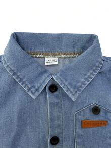 SHEIN Playful Pals 2pcs Toddler Casual Washed Denim Shirt Set, Including Short Sleeve Collared Shirt And Cuffed Pants, Lightweight Denim Outfit Suitable For Baby Boy Daily Wear In Summer - Blue - View 3