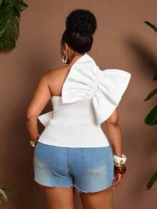 Maweii Plus Size Versatile Ruched Romantic Shoulder Blouse - White - View 2