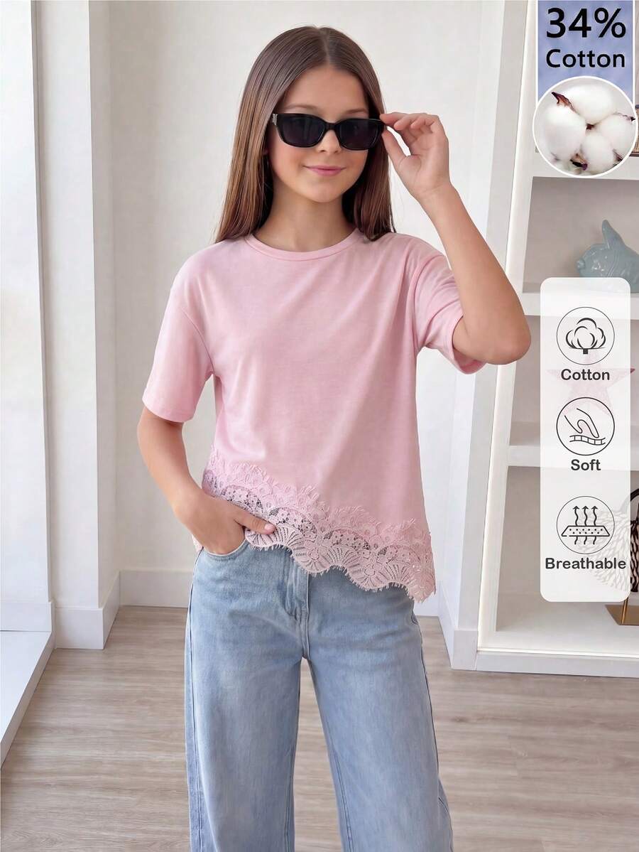 Elladie kids 少女纯色圆领落肩短袖休闲宽松不对称下摆T恤