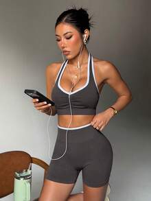 SHEIN Dewbera Women's Sleeveless Crop Top And Shorts Sports Set - Dark Grey - View 4