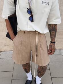 SWAVVY Quần short nam thường ngày đi làm kẻ sọc có túi - Màu Khaki - Xem 1