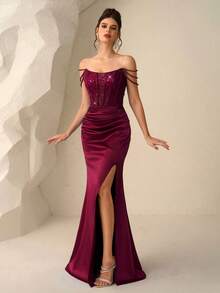 Coutiva Formal Evening Gown (Heavily Embellished), Elegant - Burgundy - View 7