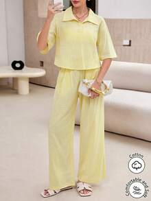 Modelyn Pastal Collared Top Paired With Straight Leg Pants Casual Minimalist Tropical Sexy Outfit Vacation Summer Golf Pale Yellow Brunch - Yellow - View 6