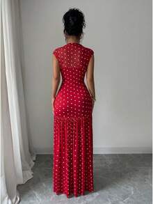 maxi elegante con estampado de lunares, cuello alto, sin mangas,, con recortes de malla, parches y pliegues en A-line, adecuado para de graduación, vacaciones, c - Rojo - Ver 2