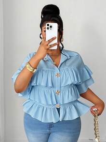 Maweii Blusa romántica de talla grande con diseño de volantes multicapa estilo francés - Azul - Ver 1