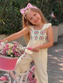 Emery Rose Kids Emery Rose Kids 女童纯色织带休闲荷叶边领连体裤 - 彩色 - 查看 3