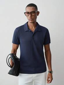 MENRIVO 男士休闲纯色纹理 Polo 衫夏季，适合打高尔夫 - 藏蓝色 - 查看 3