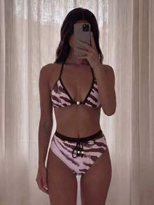 Swim Chiccia Lace-Up Halter Floral Beaded Drawstring Women Bikini Set Vacation Beach Brown Zebra Print Summer Sexy - Multicolor - View 3