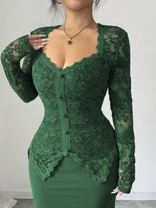 Modelyn Square Neck Lace Patchwork Button Waist Fitted Plus Size Dress For Women - Dark Green - View 6