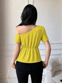 Celisse Elegant Tie-Knot Shoulder Collar Design Casual Slim Fit Blouse For Women - Yellow - View 2