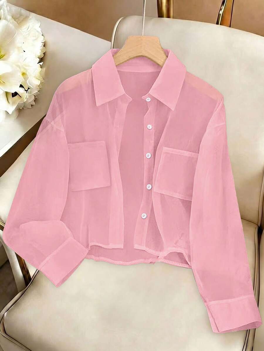 Qadelle Chiffon Pocket Button Women's Short Sleeve Blouse - Pink - View 1