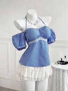 Sweetra Plus Size Summer Casual Plaid Cold Shoulder Halter Shirt - Blue - View 6