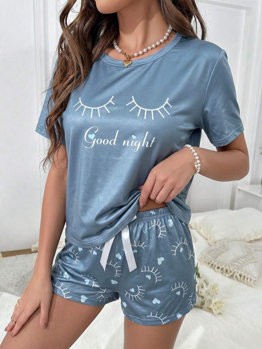 SHEIN 女款標語印花短袖T恤與短褲睡衣套裝 - 彩色 - 查看 1