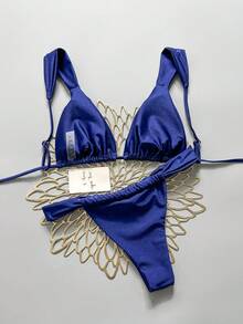 Swim Basics 女款素色性感夏季海灘比基尼套裝 - 藍色 - 查看 2