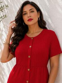 ELLERISSA Vestido midi de punto waffle con botones y mangas cortas, talla grande, color rojo - Rojo - Ver 5