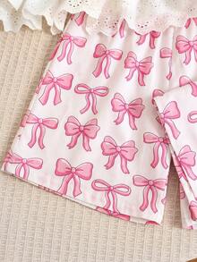 Emery Rose Kids Emery Rose Kids 女童蝴蝶结印花圆领蕾丝下摆背心和休闲裤套装 - 粉色 - 查看 4