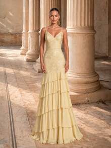 Glamrae Elegant Stylish Light Yellow Sequined Embroidered Chiffon Halter Top With Back Tie Slit Multi-Tiered Cake Skirt; Formal Evening Gown For - Light Yellow - View 6