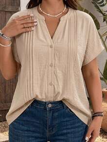 Modelyn Camisa casual de mujer de talla grande con cuello en V y manga corta de unicolor - Albaricoque - Ver 1