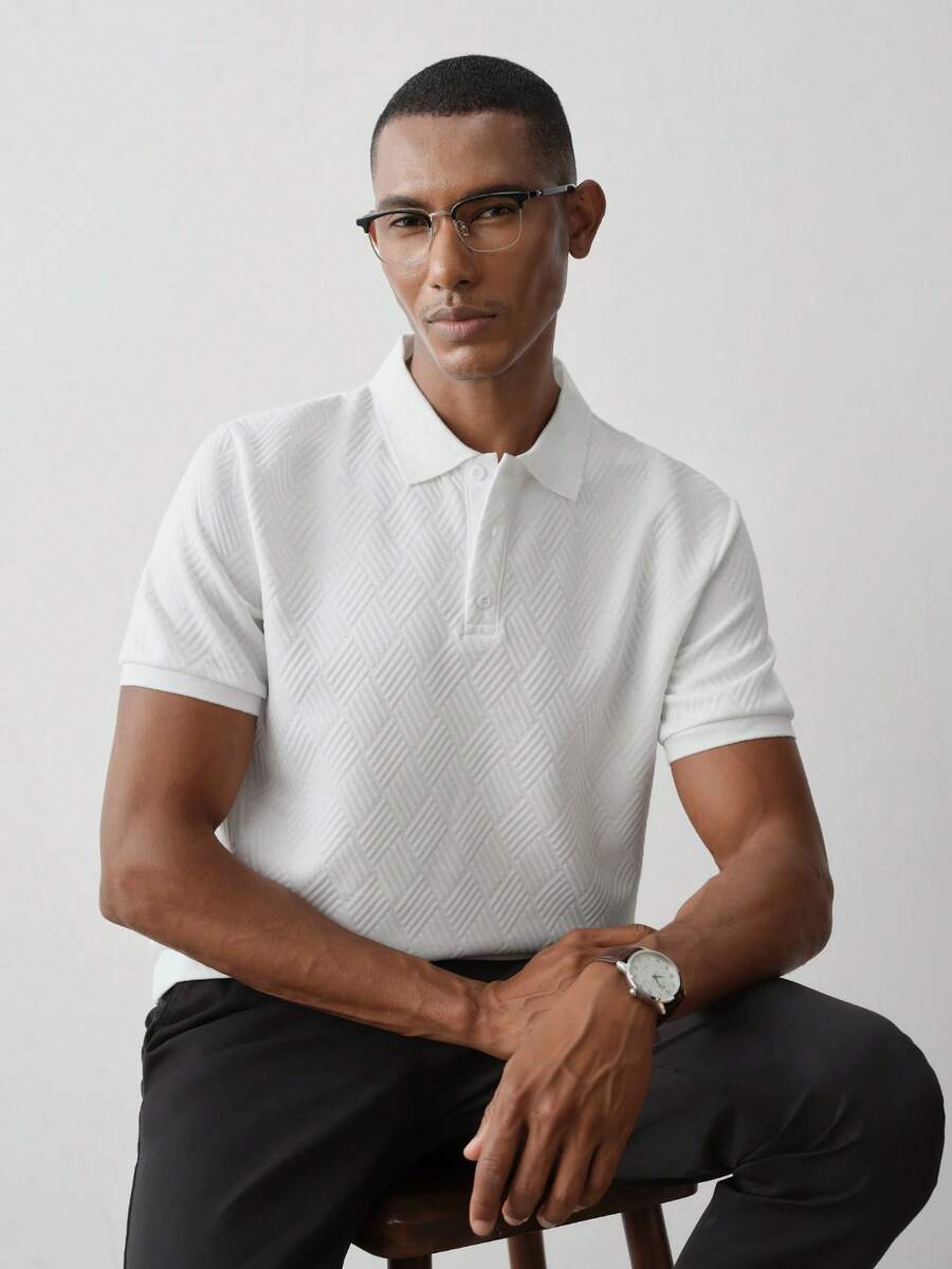 MENRIVO 男士纹理 Polo 衫,夏季休闲时尚 - 白色 - 查看 1