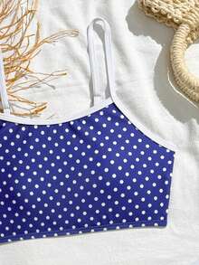 SHEIN Bộ bikini 3 món cho bé gái tuổi teen, màu xanh navy viền trắng, áo tankini có đệm mút, quần tam giác và áo khoác lưới, thời trang, thoải mái, thanh lịch, thích hợp cho bơi lội, bãi biển, hồ bơi, lướt sóng, kỳ nghỉ hè. - Màu xanh hải quân - Xem 3