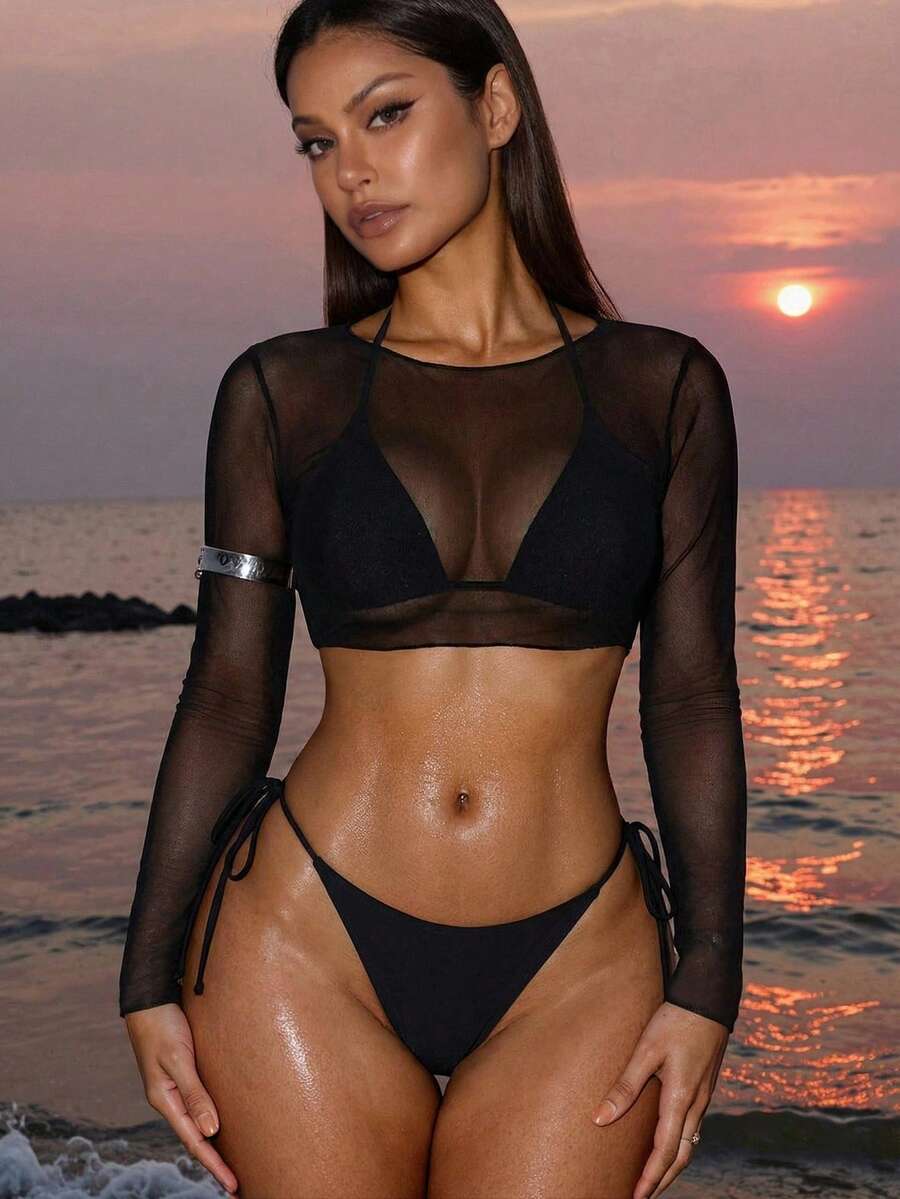 SHEIN Swim Chất rắn Bộ Bikini Dây Bras & Cà vạt Quần lót Thong Đáy & Tay áo dài Áo Cover Up 3 mảnh Bộ đồ tắm - màu đen - Xem 1