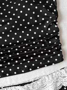 SHEIN Tween Girl Cute Black And White Polka Dot Knit Crop Top And Shorts Set,Summer Vacation Holiday Beach Outfit,Casual Comfortable Valentine's Day Fashion - Black - View 3