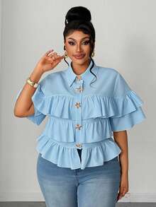 Maweii Blusa romántica de talla grande con diseño de volantes multicapa estilo francés - Azul - Ver 6