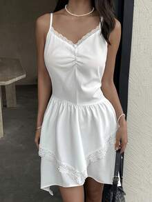 Yunfilé Đầm ren trắng cổ chữ V dây mảnh, vạt bất đối xứng, kiểu dáng gợi cảm cho kỳ nghỉ hè ở bãi biển. - trắng - Xem 7