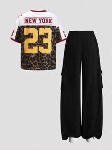 SHEIN Tween Girl Casual Sporty Numeric & Leopard Print Contrast Color Mesh Breathable T-Shirt And Cargo Pants Set, Spring/Summer/Autumn - Multicolor - View 9